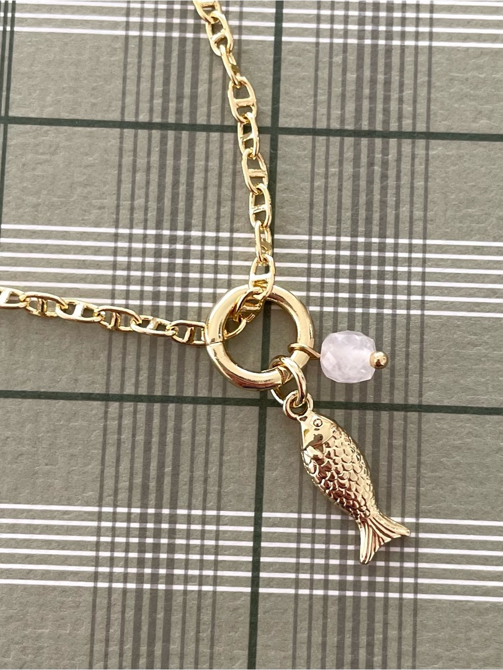 14K Gold Plated Fish Charm Necklace with Rose Quartz Gem - Women's Jewelry